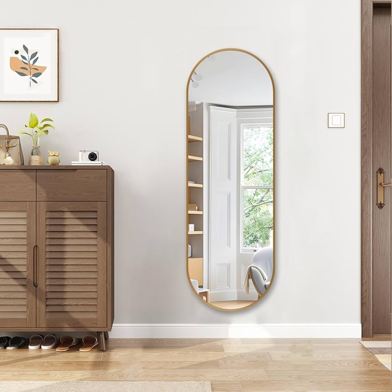Full Length Mirror Capsule Shape Gold Metal Frame Wall Mounted Ultra Clear