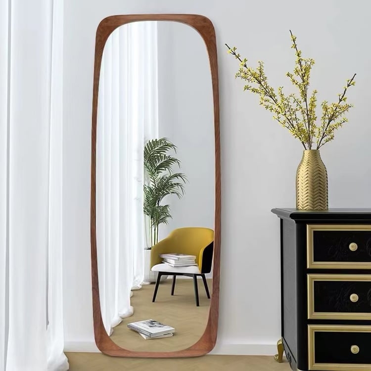 Full Length Mirror Leaning Wood Frame Rounded Corners Oversized