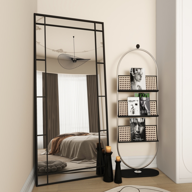 Full Length Mirror Matte Finish Windowpane Grid Floor Leaning Industrial