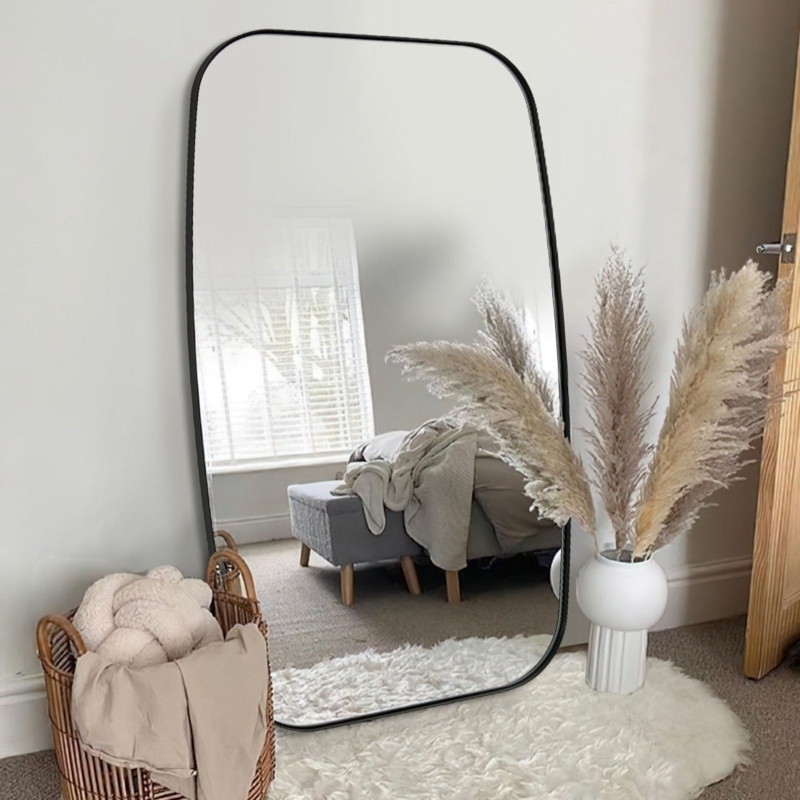Full Length Mirror Oblong Pill Shape Matte Black Leaning Floor Decor
