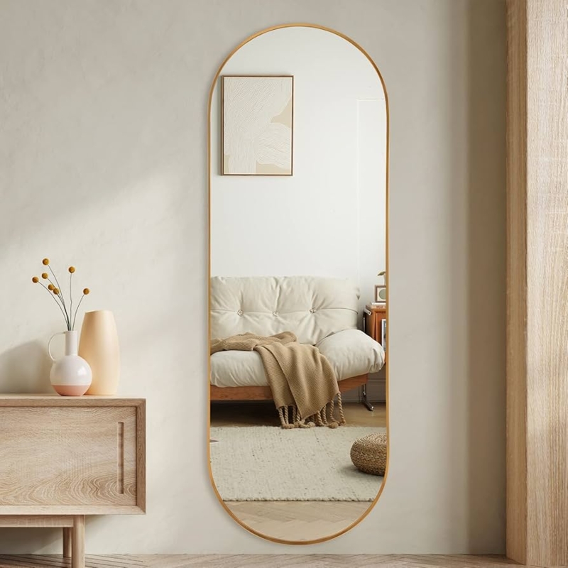 Full Length Mirror Oval Shape Slim Gold Frame Wall Mounted Ultra Clear