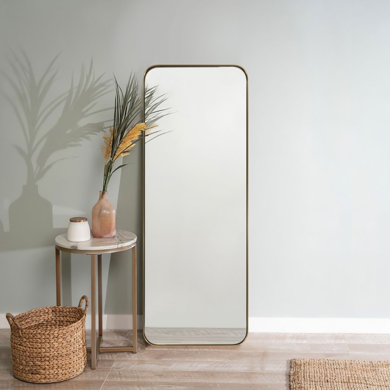 Full Length Mirror Rounded Corners Thin Gold Tone Frame Leaning Minimalist