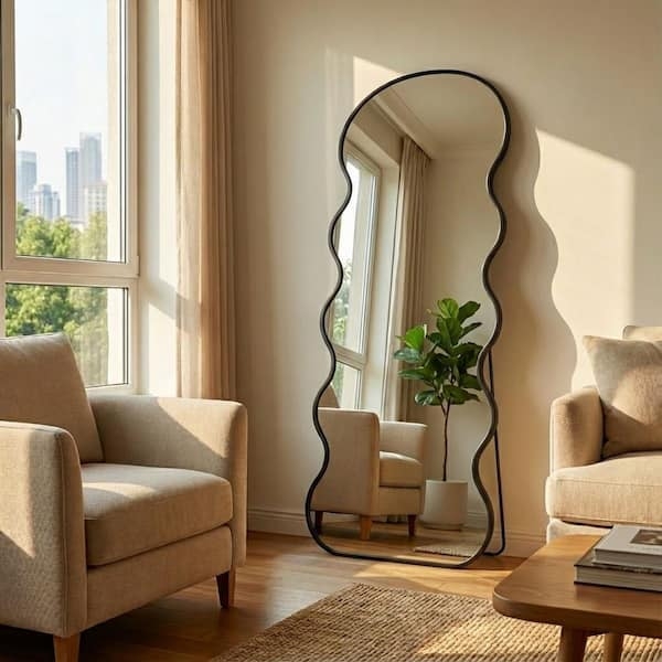 Full Length Mirror Wavy Frame Organic Shape Matte Black Floor Standing