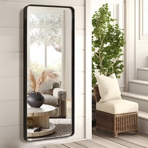 Full Length Wall Mirror Rounded Corners Slim Black Metal Frame Oversized