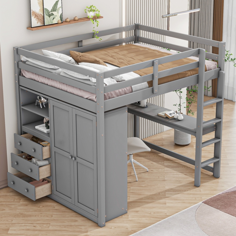 Full Loft Bed with Integrated Wardrobe and Built-in Desk, Slate Grey