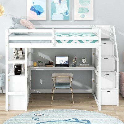 Full Loft Workstation with Side Shelving in White Finish