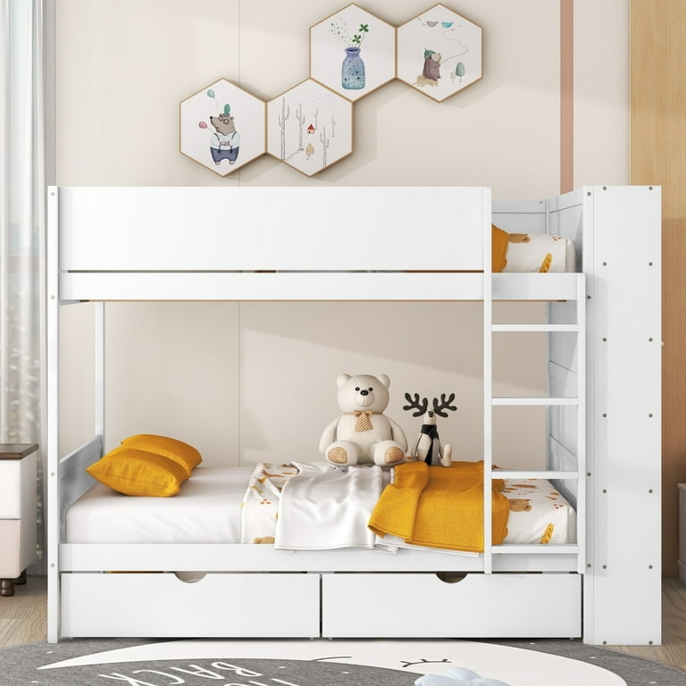 Full Over Full Bunk Bed Integrated Bookshelf White Finish Drawers