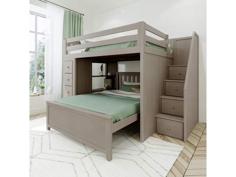 Full Over Full Loft Bed Stone Gray with Built-in Stairs and Drawers
