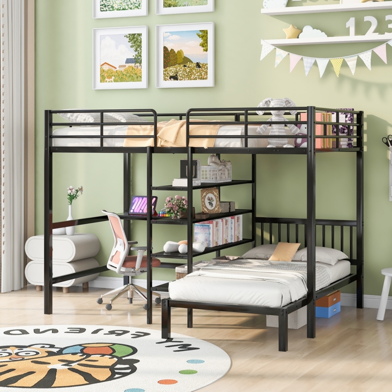 Full Over Twin Bunk Bed L-Shaped Desk Shelves Black Metal Frame