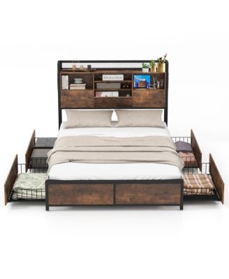 Full Size Bed Frame w/ Bookcase Headboard & 4 Storage Drawers Vintage Brown