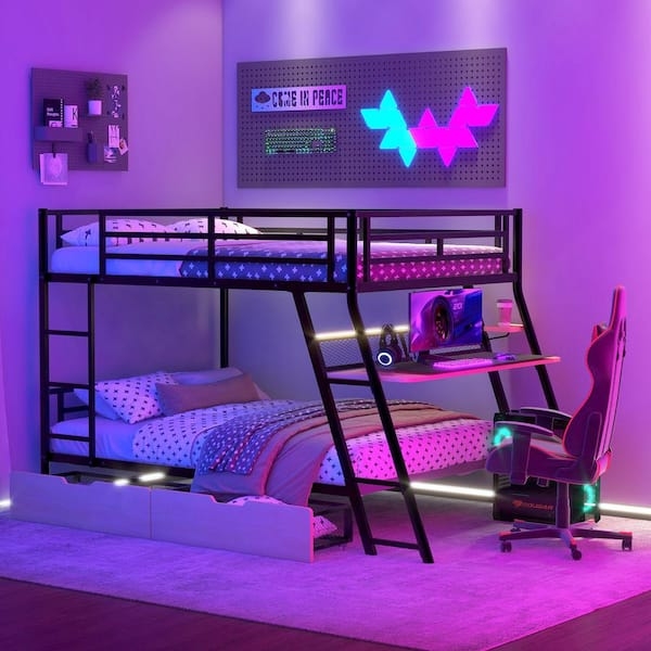 Full Size Bunk Bed LED Lighting Drawers Black Metal Gaming Setup