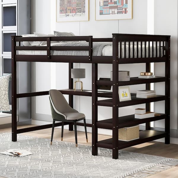 Full Size Espresso Loft Bed with Desk and Open Storage Shelving