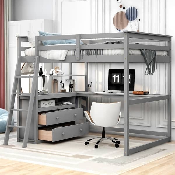 Full Size Grey Loft Bed with L-Shaped Desk and Built-In Drawers