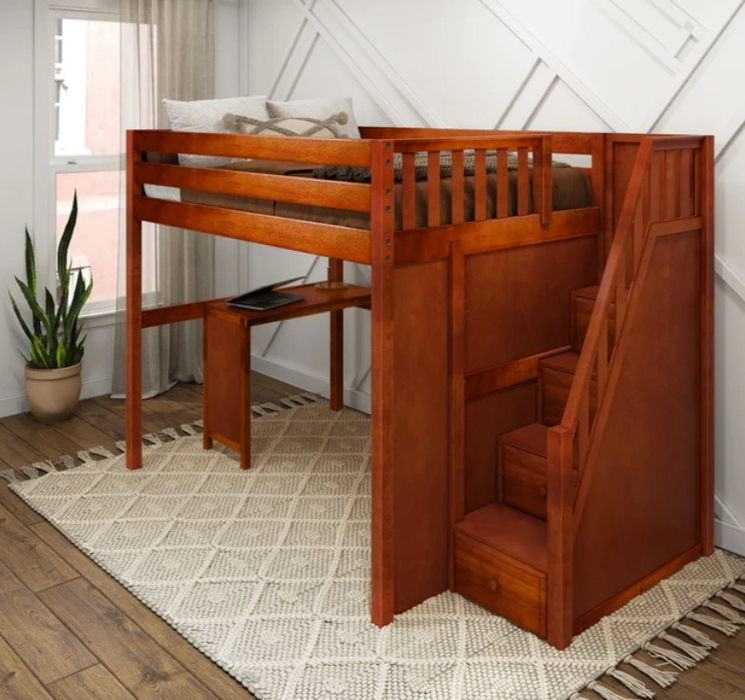Full Size High Loft Bed with Corner Workstation