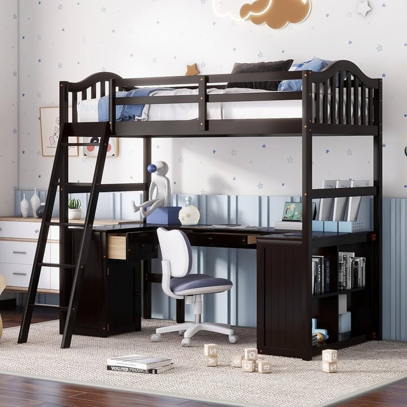 Full Size Loft Bed Espresso Brown with L-Shaped Desk and Bookshelf