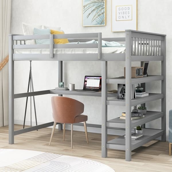 Full Size Loft Bed Grey with Integrated Desk and Four-Tier Shelving