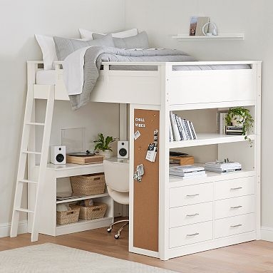 Full Size Loft Bed Matte White Integrated Desk and Corkboard Panel