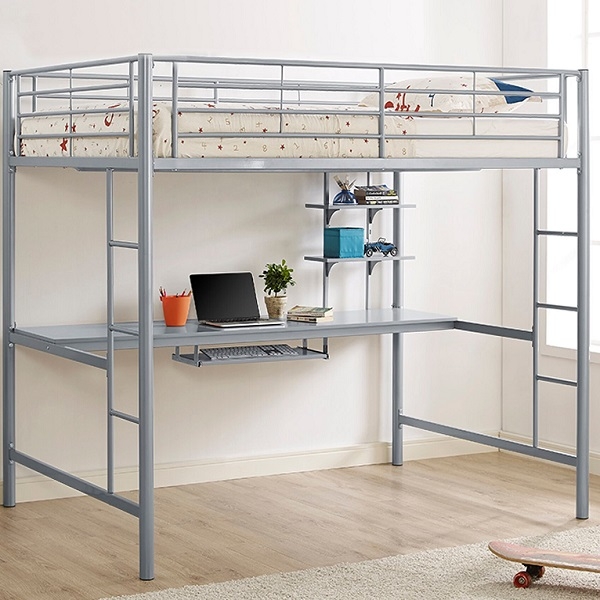 Full Size Loft Bed Silver Metal Frame Integrated Desk Keyboard Tray