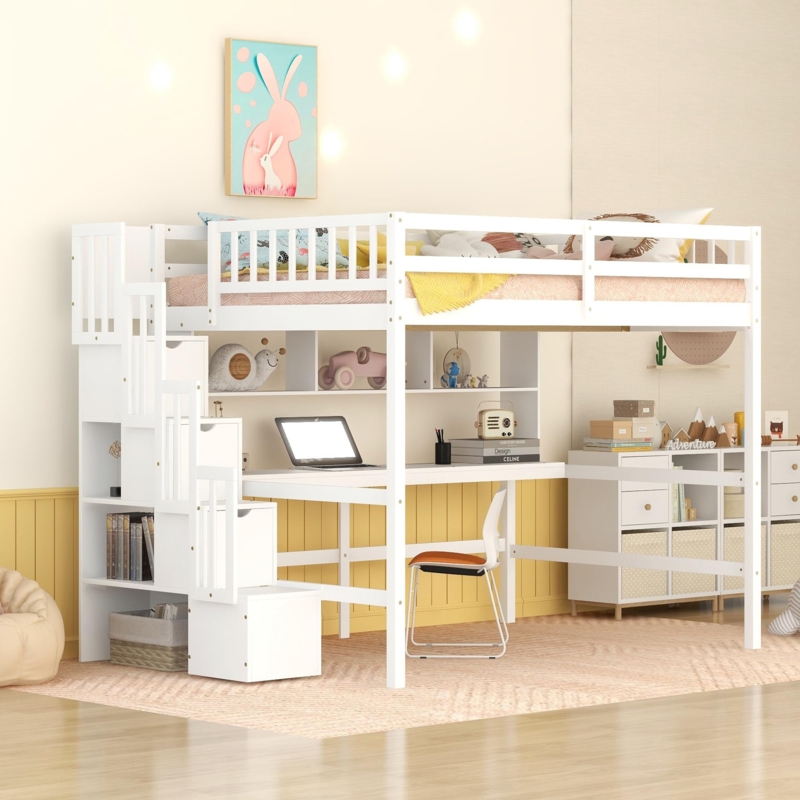 Full Size Loft Bed White Storage Staircase Desk and Bookshelves