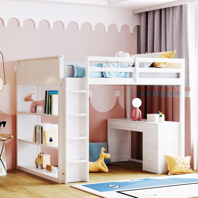 Full Size Loft Bed White Wood Five Drawers Desk Shelves