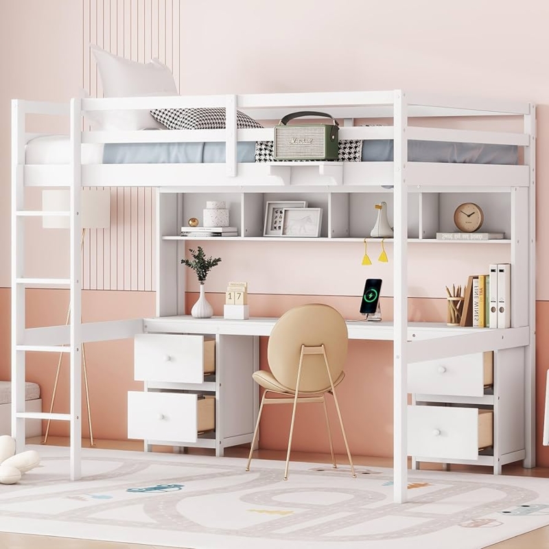 Full Size Loft Bed with Desk, Charging Station and Drawers, White