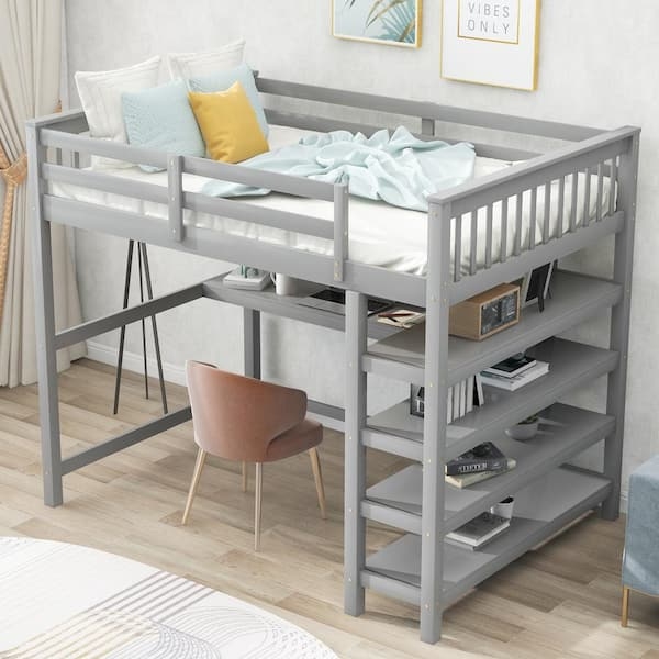 Full Size Loft Bed with Four Tier Shelves and Slat Headboard Design