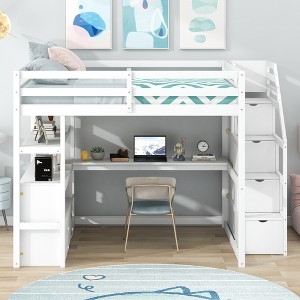 Full Size Loft Bed with Storage Stairs and Integrated Workstation, White