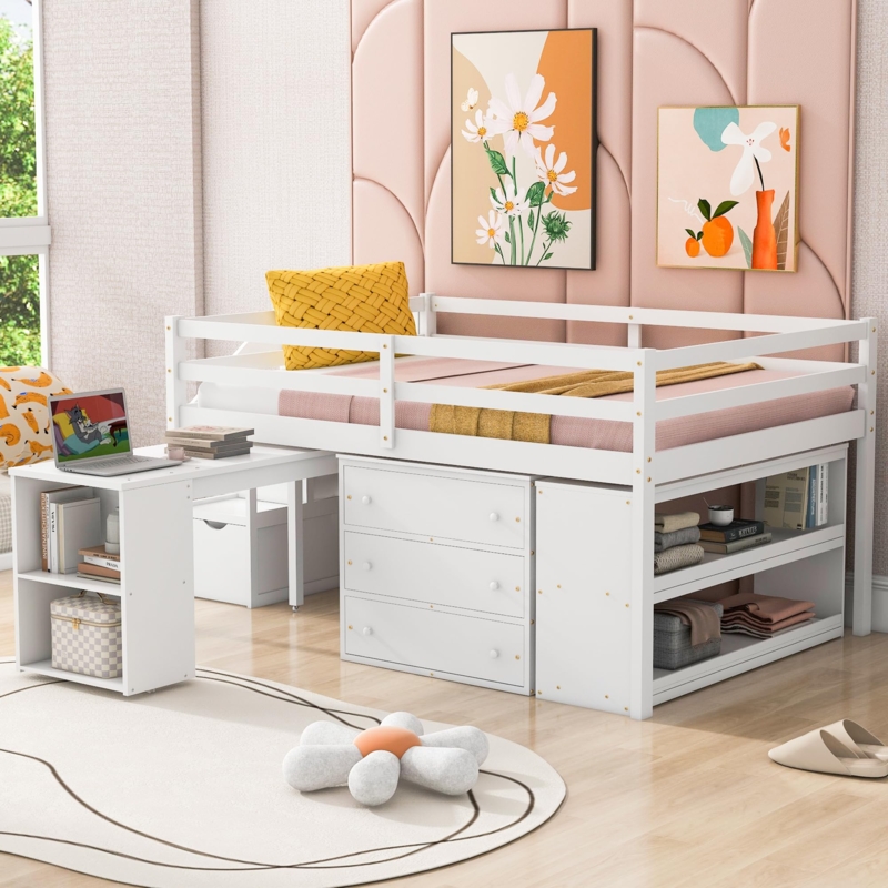 Full Size Low Loft Bed featuring a Rolling Desk and Storage Drawers