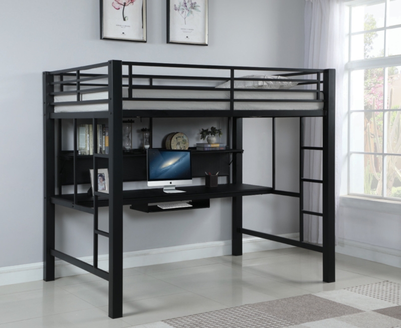 Full Size Metal Loft Bed Matte Black with Desk and Keyboard Tray