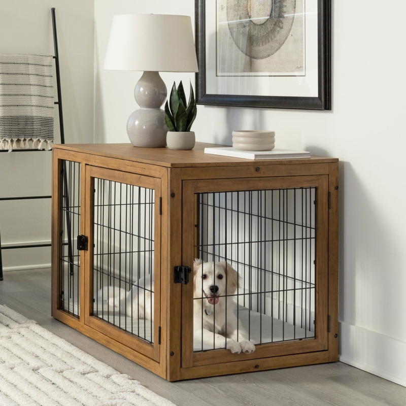 Furniture Dog Crate Dual Entry Doors, Natural Wood Farmhouse Style
