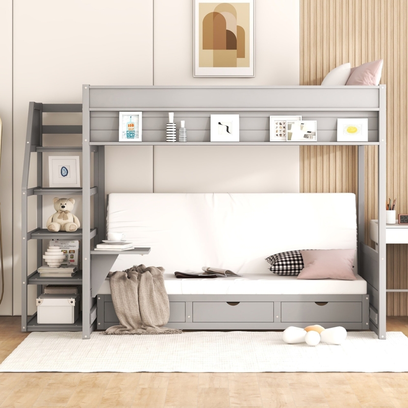 Futon Bunk Bed Gray Staircase Shelving Underbed Drawers