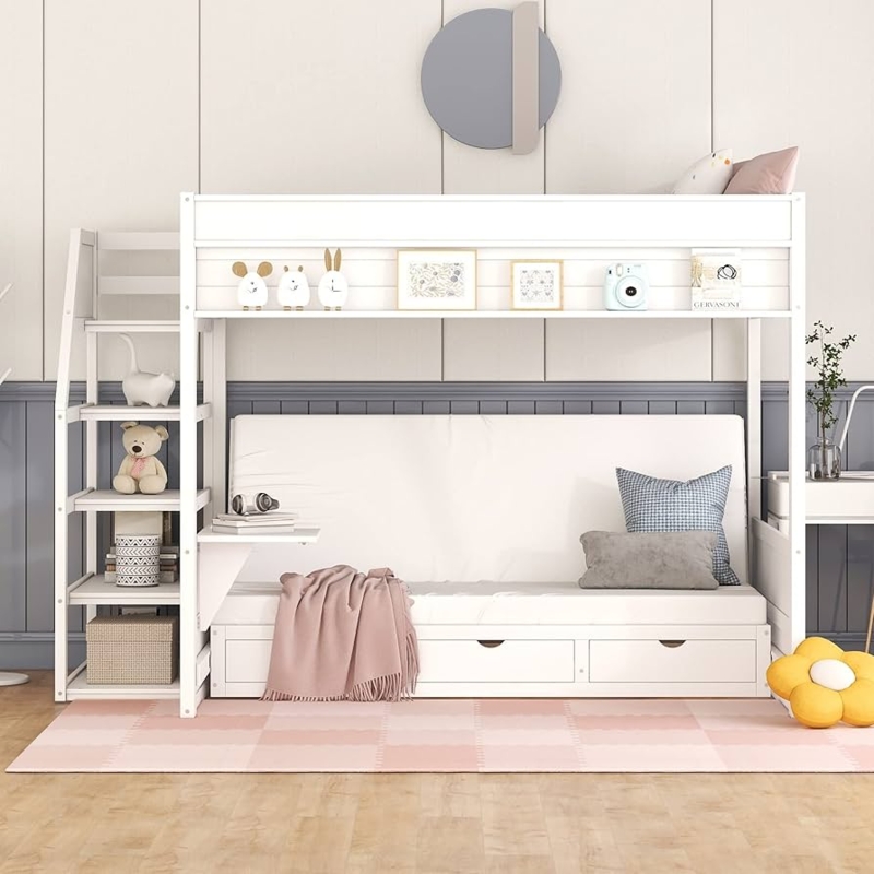 Futon Bunk Bed Staircase Storage Convertible Daybed Built In Drawers