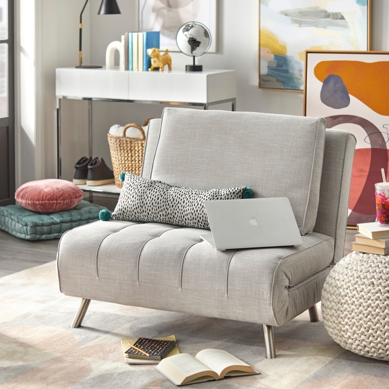 Futon Chair Heathered Gray Channel Tufted with Tapered Metal Legs