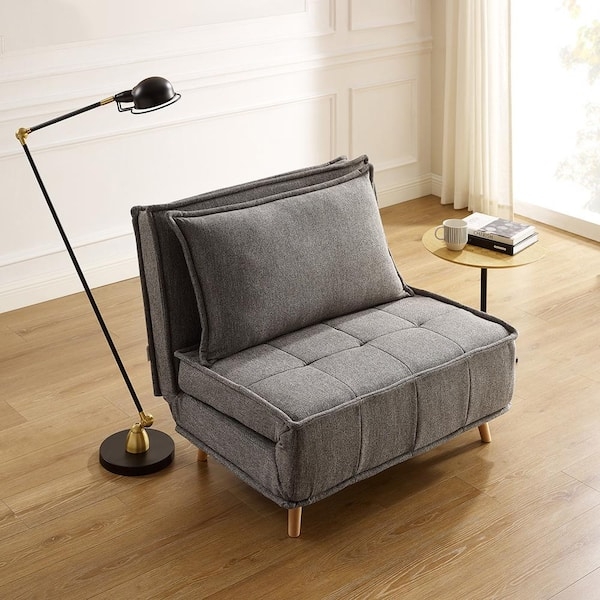 Futon Chair Medium Gray Block Tufted Seat with Tapered Wood Legs