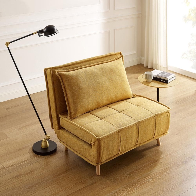 Futon Chair Mustard Yellow Grid Tufted Seat Armless Profile