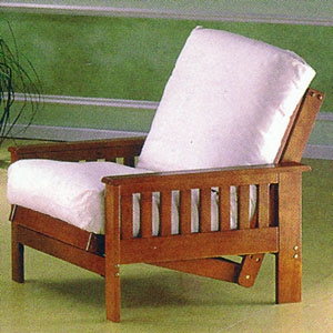 Futon Chair Teak Finish Mission Style Frame with Thick Cream Cushions