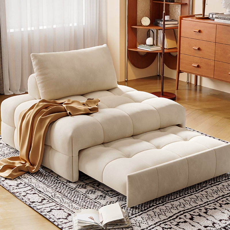 Futon Chair Warm Cream Grid Tufted Pull Out Sleeper Low Profile