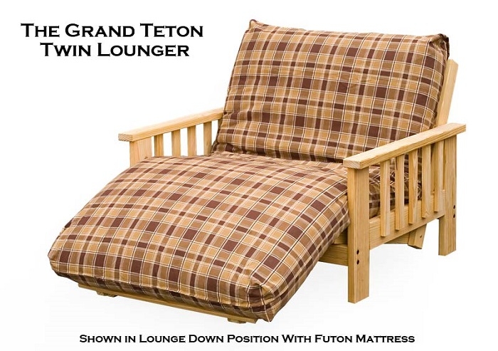 Futon Lounger Natural Wood Mission Slat Arms with Plaid Mattress