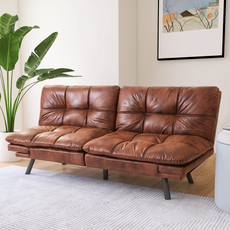 Futon Sofa Bed with Biscuit Tufting and Low Profile Design, Leatherette