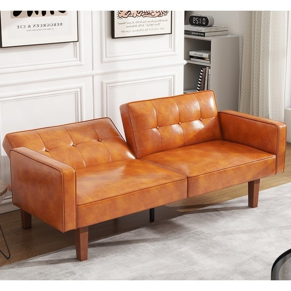 Futon Sofa Bed with Center Support Leg and Button Tufting, Cognac