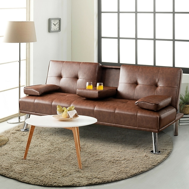 Futon Sofa with Fold Down Cup Holders and Chrome Legs, Faux Leather