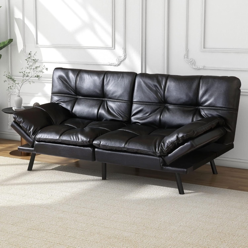 Futon Sofa with Quilted Tufting and Adjustable Armrests, Black Leather