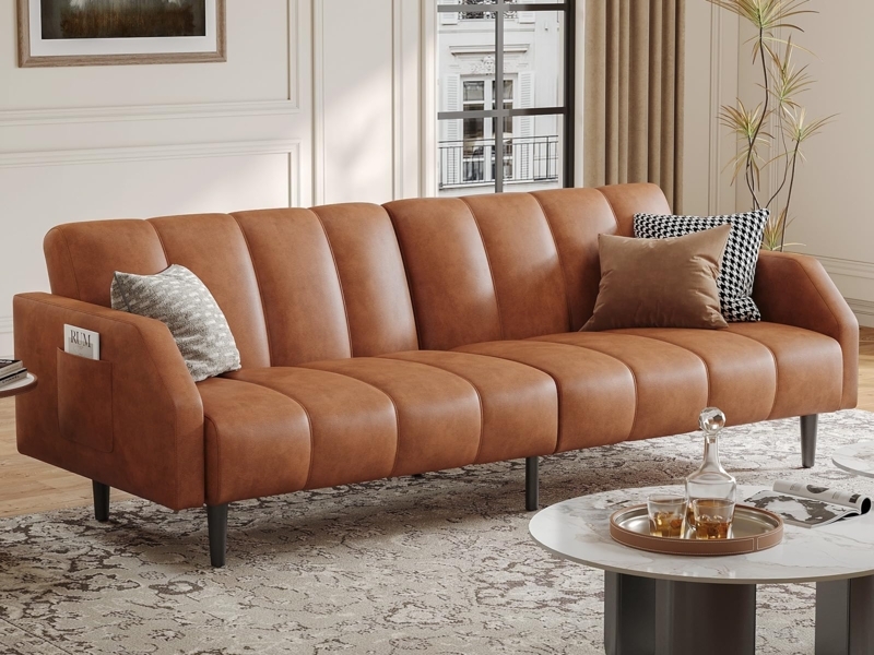 Futon Sofa with Vertical Channel Stitching and Side Pockets, Cognac