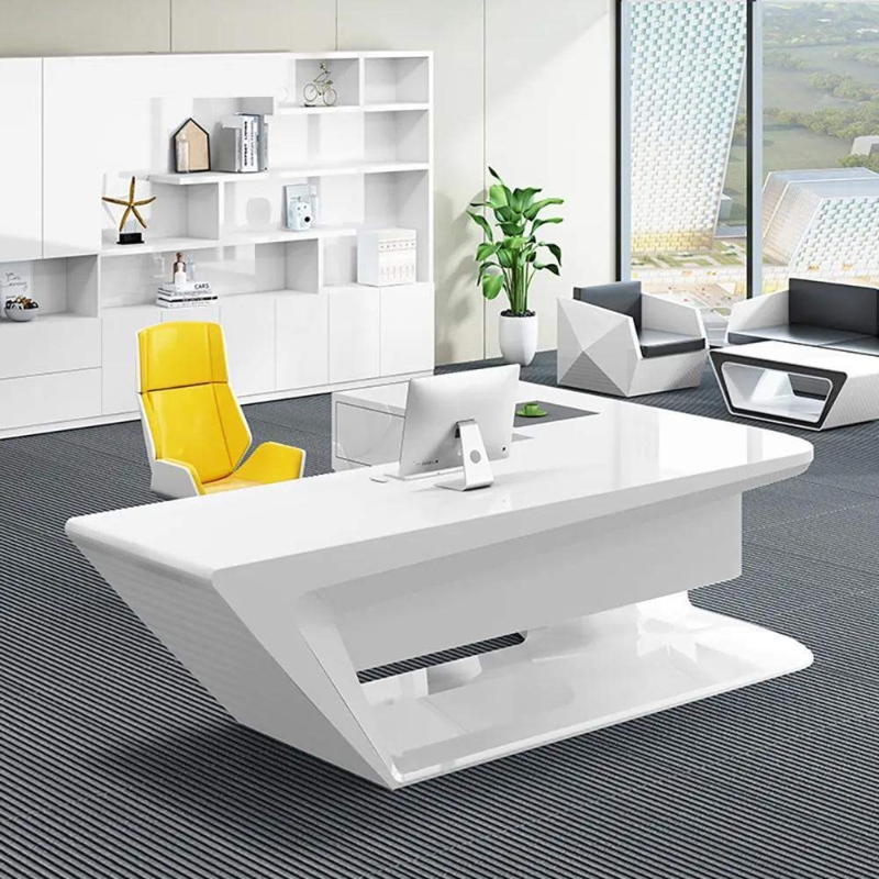 Futuristic L-Shaped Desk: Angular Geometric Base, High Gloss White Finish