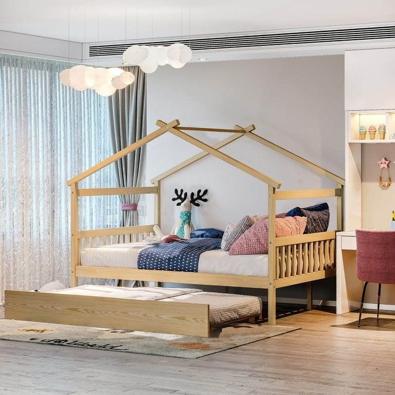 Gabled House Bed in Natural Wood with Trundle and Fence Rails