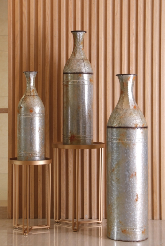 Galvanized Metal Floor Vases Set Rust Accents Rivet Detailing Industrial