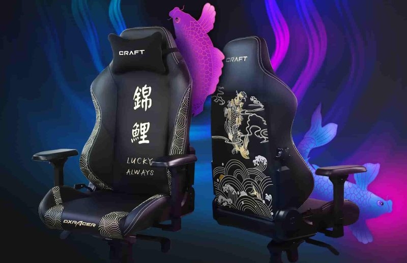 Gaming Chair with Embroidered Koi Fish Graphic and Seigaiha Wave Pattern