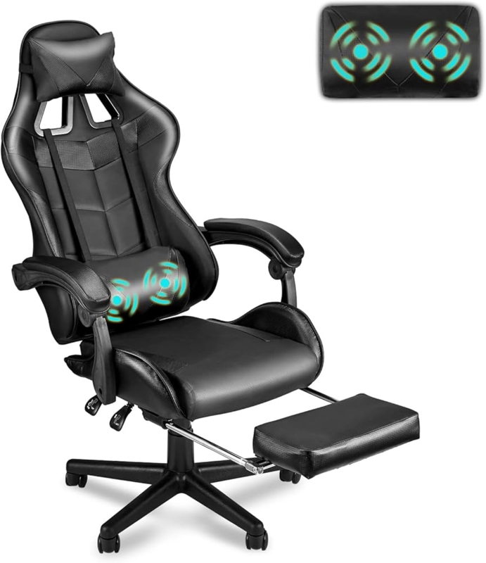 Gaming Chair with Retractable Footrest and Integrated Lumbar Massage