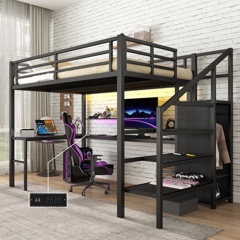 Gaming Loft Bed Storage Stairs Wardrobe Metal Frame Gamer Style