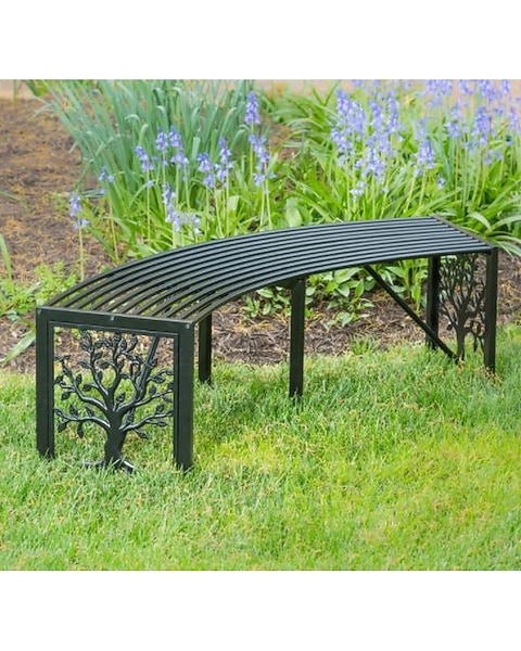 Garden Bench Black Metal Tree of Life Motif Laser Cut Crescent
